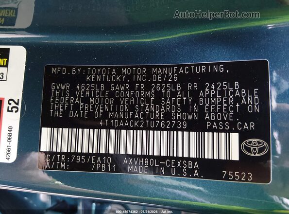 4T1DAACK2TU762739 2026 TOYOTA CAMRY Blue Շարժիչի բաժամունքի տեսք
