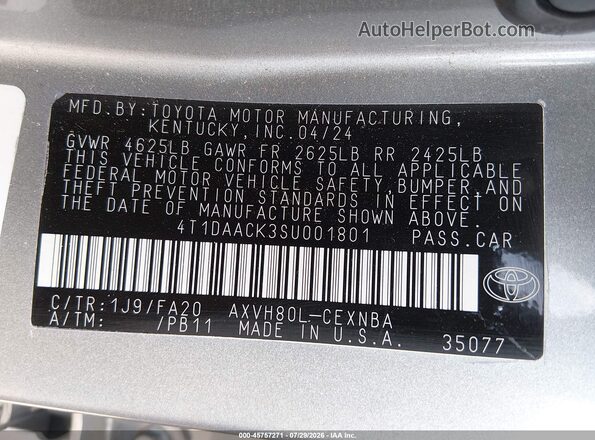 4T1DAACK3SU001801 2025 TOYOTA CAMRY Silver Widok komory silnika