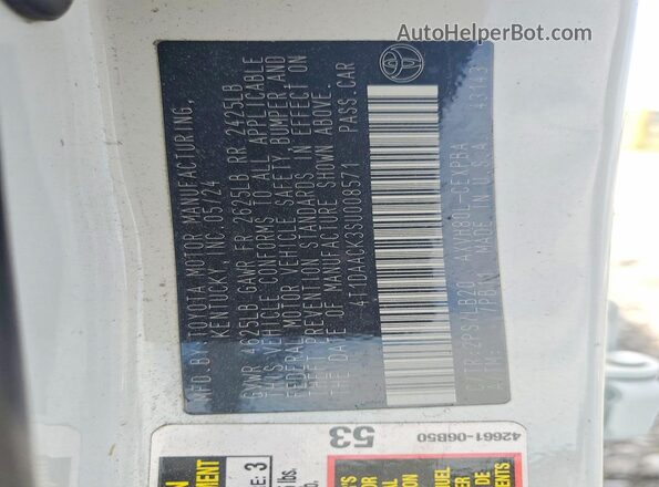 4T1DAACK3SU008571 2025 TOYOTA CAMRY White VIN կոդի պիտակի տեսք