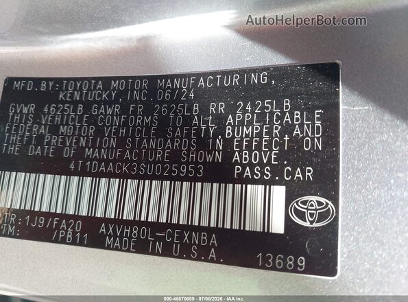 4T1DAACK3SU025953 2025 TOYOTA CAMRY Silver Շարժիչի բաժամունքի տեսք