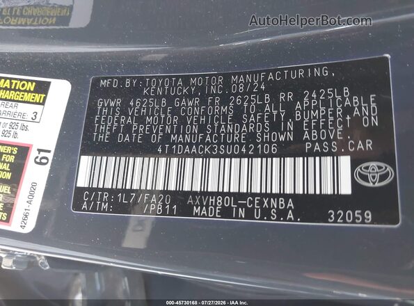 4T1DAACK3SU042106 2025 TOYOTA CAMRY Gray Widok komory silnika