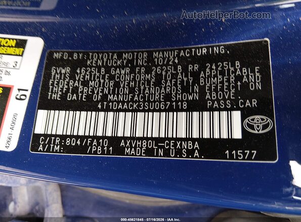 4T1DAACK3SU067118 2025 TOYOTA CAMRY Blue Vista del compartimento del motor
