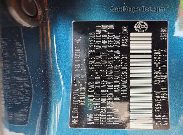 4T1DAACK3SU087031 2025 TOYOTA CAMRY Teal Շարժիչի բաժամունքի տեսք