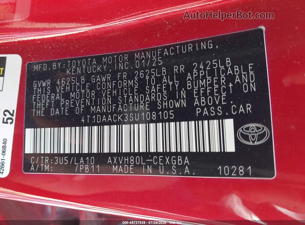 4T1DAACK3SU108105 2025 TOYOTA CAMRY Red Vista del compartimento del motor