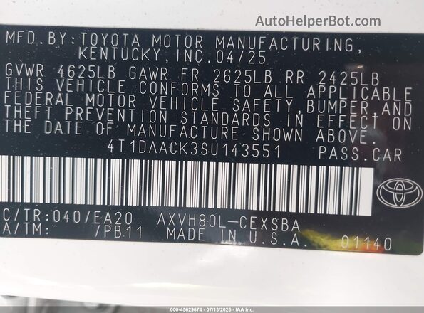 4T1DAACK3SU143551 2025 TOYOTA CAMRY White Widok komory silnika