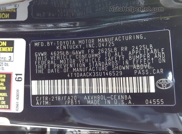 4T1DAACK3SU146529 2025 TOYOTA CAMRY Black Vista del compartimento del motor