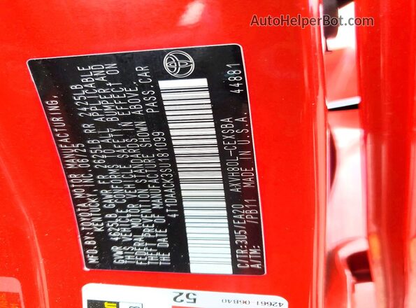 4T1DAACK3SU181099 2025 TOYOTA CAMRY Red VIN sticker view
