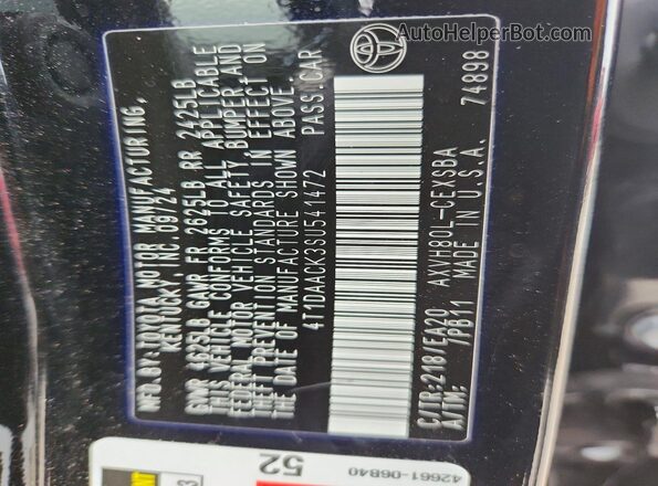 4T1DAACK3SU541472 2025 TOYOTA CAMRY Черный Вид наклейки с VIN-кодом