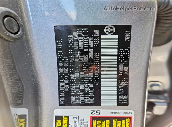 4T1DAACK3SU542492 2025 TOYOTA CAMRY Gray VIN կոդի պիտակի տեսք