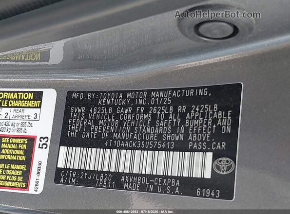 4T1DAACK3SU575413 2025 TOYOTA CAMRY Gray Вид підкапотного простору
