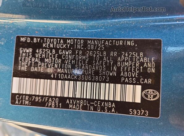 4T1DAACK3SU638073 2025 TOYOTA CAMRY Teal VIN կոդի պիտակի տեսք