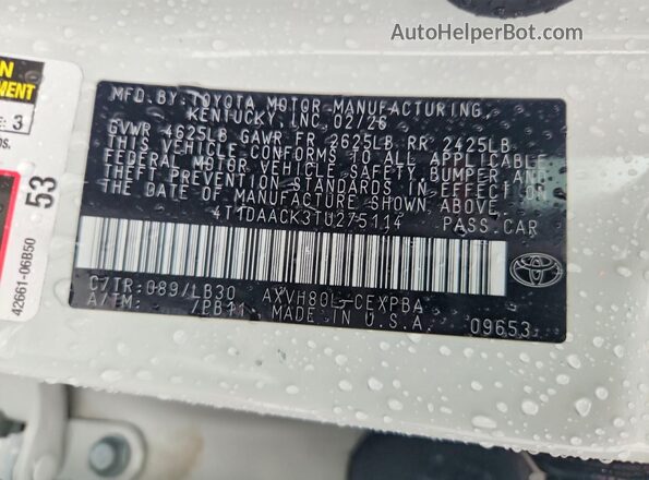 4T1DAACK3TU275114 2026 TOYOTA CAMRY White VIN sticker view