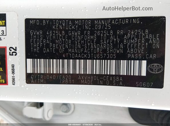 4T1DAACK3TU657305 2026 TOYOTA CAMRY Белый Вид подкапотного пространства