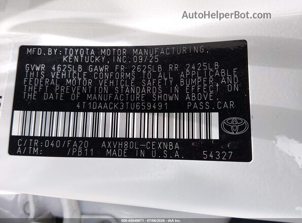 4T1DAACK3TU659491 2026 TOYOTA CAMRY White Вид підкапотного простору