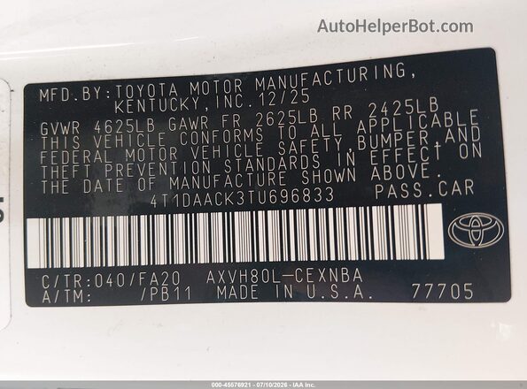 4T1DAACK3TU696833 2026 TOYOTA CAMRY Белый Вид подкапотного пространства