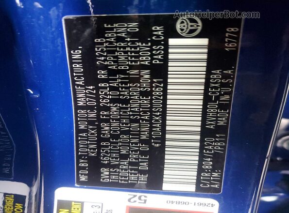 4T1DAACK4SU028621 2025 TOYOTA CAMRY Синий Вид наклейки с VIN-кодом