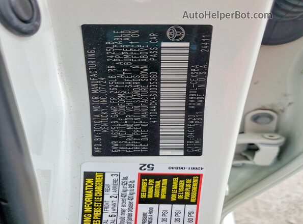 4T1DAACK4SU035360 2025 TOYOTA CAMRY White VIN sticker view