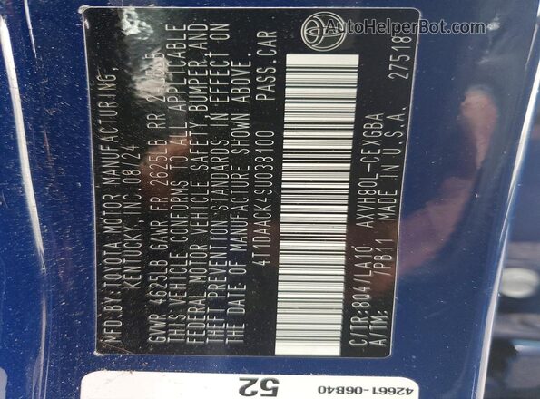 4T1DAACK4SU038100 2025 TOYOTA CAMRY Blue Vista del compartimento del motor