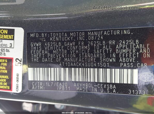 4T1DAACK4SU041501 2025 TOYOTA CAMRY Black Շարժիչի բաժամունքի տեսք