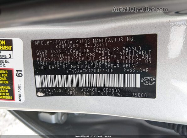 4T1DAACK4SU044706 2025 TOYOTA CAMRY Silver Շարժիչի բաժամունքի տեսք