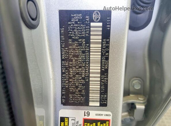 4T1DAACK4SU097874 2025 TOYOTA CAMRY Серебряный Вид наклейки с VIN-кодом