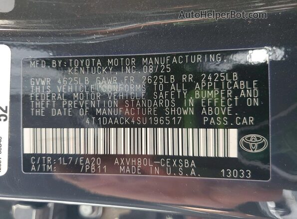 4T1DAACK4SU196517 2025 TOYOTA CAMRY Gray VIN կոդի պիտակի տեսք