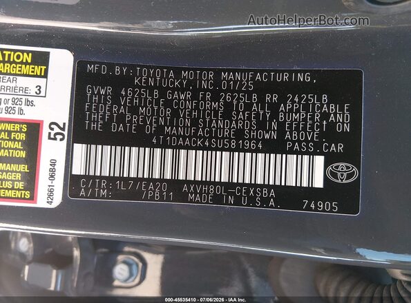 4T1DAACK4SU581964 2025 TOYOTA CAMRY Серый Вид подкапотного пространства
