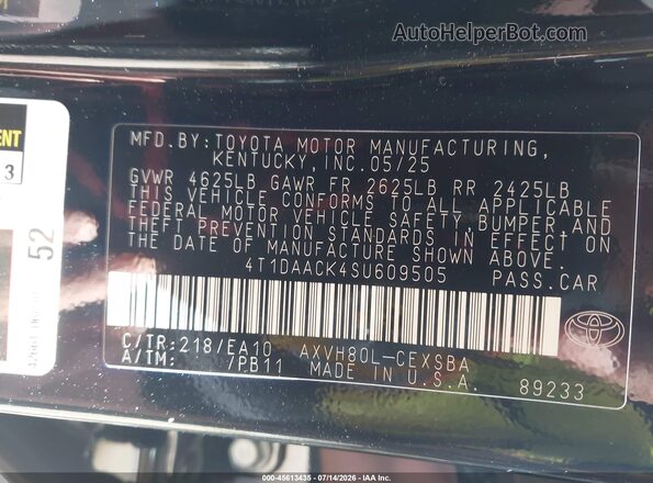 4T1DAACK4SU609505 2025 TOYOTA CAMRY Черный Вид подкапотного пространства
