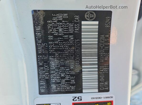 4T1DAACK4SU631276 2025 TOYOTA CAMRY White Вид підкапотного простору
