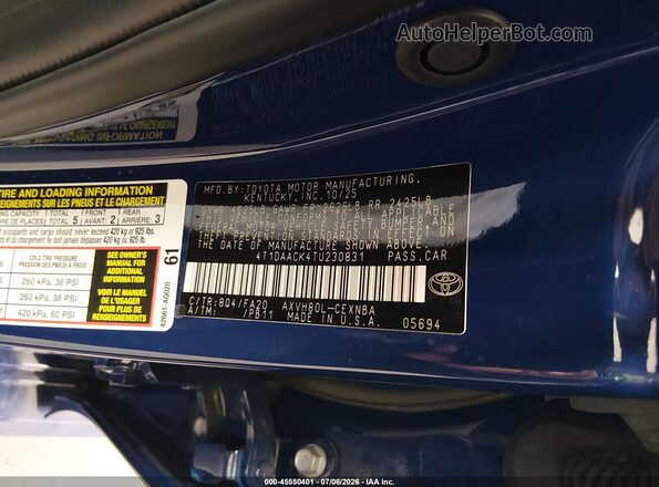 4T1DAACK4TU230831 2026 TOYOTA CAMRY Синий Вид подкапотного пространства