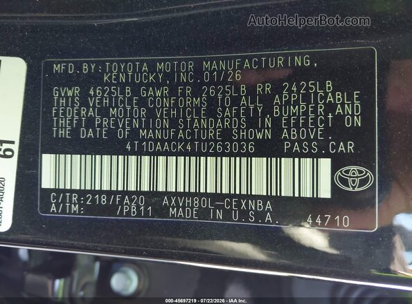 4T1DAACK4TU263036 2026 TOYOTA CAMRY Black ძრავის განყოფილების ხედი