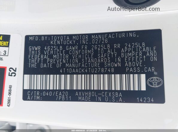 4T1DAACK4TU278748 2026 TOYOTA CAMRY White Engine compartment view