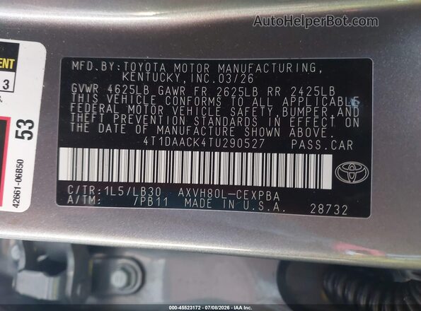 4T1DAACK4TU290527 2026 TOYOTA CAMRY Gray Engine compartment view