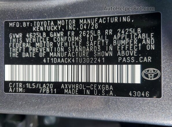 4T1DAACK4TU302241 2026 TOYOTA CAMRY Gray Вид підкапотного простору