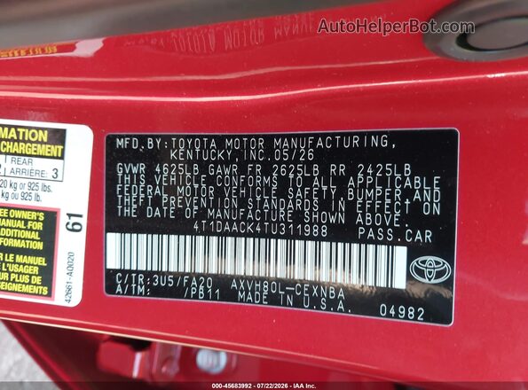 4T1DAACK4TU311988 2026 TOYOTA CAMRY Red ძრავის განყოფილების ხედი