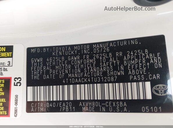 4T1DAACK4TU312087 2026 TOYOTA CAMRY White Շարժիչի բաժամունքի տեսք