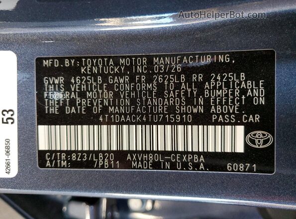 4T1DAACK4TU715910 2026 TOYOTA CAMRY Charcoal Շարժիչի բաժամունքի տեսք