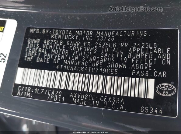 4T1DAACK4TU719665 2026 TOYOTA CAMRY Gray Vista del compartimento del motor