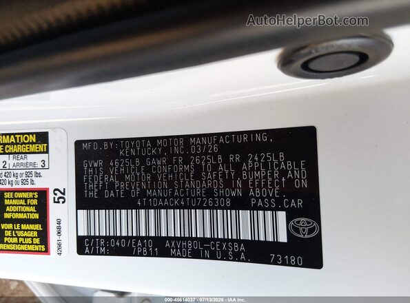 4T1DAACK4TU726308 2026 TOYOTA CAMRY White Շարժիչի բաժամունքի տեսք