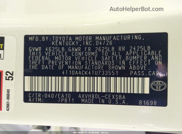 4T1DAACK4TU733551 2026 TOYOTA CAMRY Белый Вид подкапотного пространства