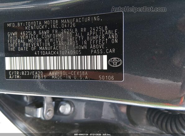 4T1DAACK4TU740905 2026 TOYOTA CAMRY Gray Widok komory silnika