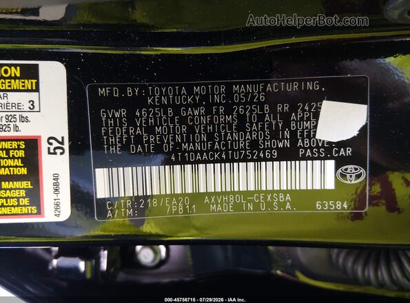 4T1DAACK4TU752469 2026 TOYOTA CAMRY Черный Вид подкапотного пространства