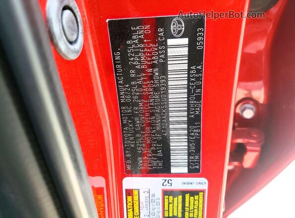 4T1DAACK5SU019393 2025 TOYOTA CAMRY Red Вид підкапотного простору