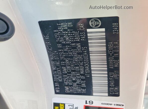 4T1DAACK5SU034475 2025 TOYOTA CAMRY Белый Вид подкапотного пространства