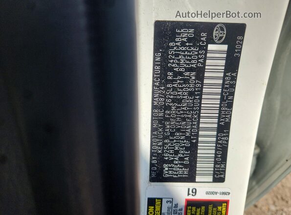4T1DAACK5SU041197 2025 TOYOTA CAMRY White VIN sticker view