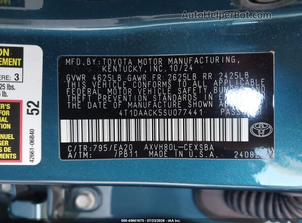 4T1DAACK5SU077441 2025 TOYOTA CAMRY Dark Blue Widok komory silnika