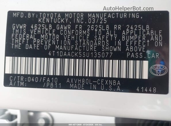4T1DAACK5SU135077 2025 TOYOTA CAMRY White Vista del compartimento del motor