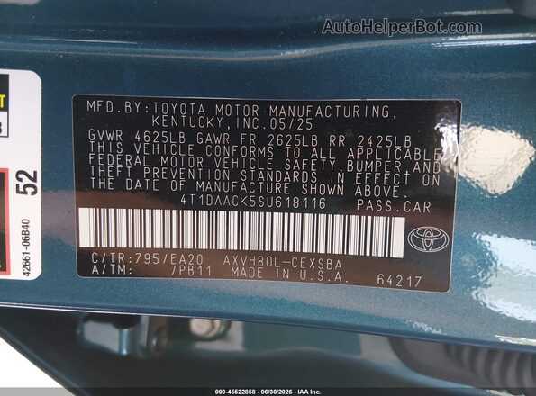 4T1DAACK5SU618116 2025 TOYOTA CAMRY Blue Widok komory silnika