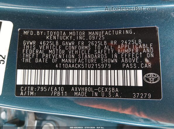 4T1DAACK5TU215979 2026 TOYOTA CAMRY Teal Շարժիչի բաժամունքի տեսք