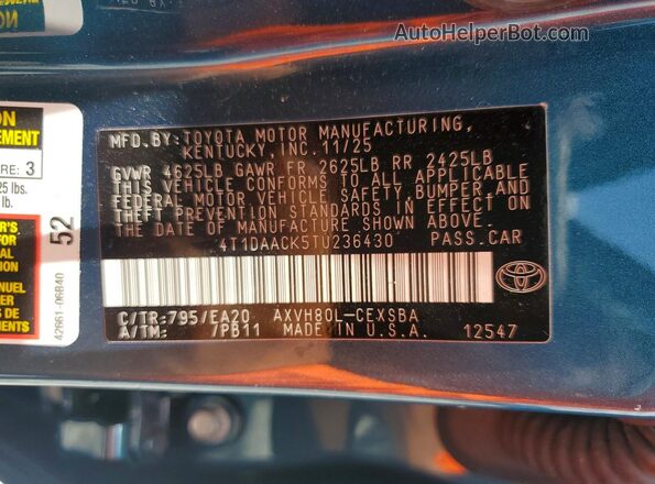 4T1DAACK5TU236430 2026 TOYOTA CAMRY Синий Вид наклейки с VIN-кодом